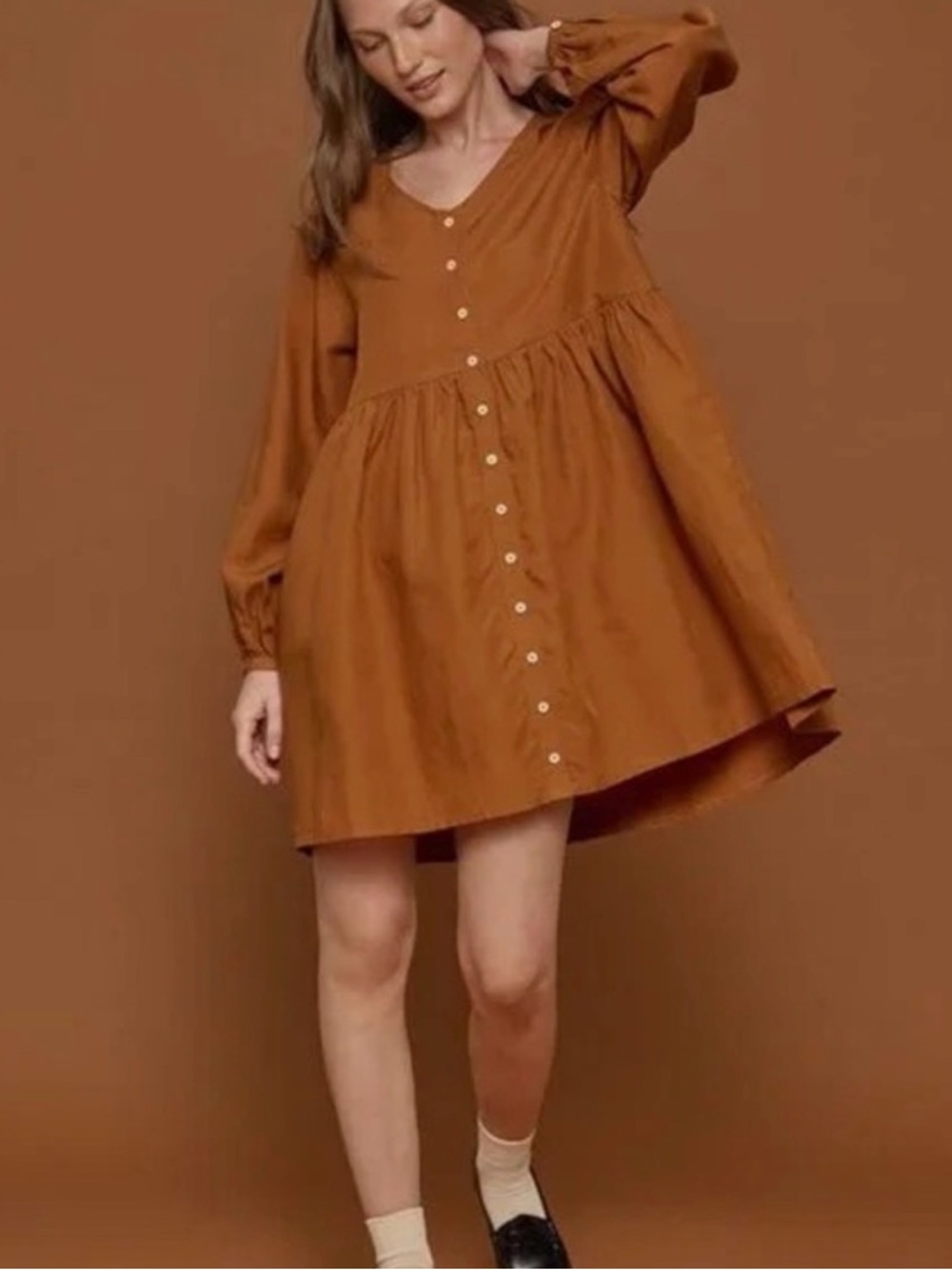 Tradlands Rust Tencel Remi Button-Front Long Sleeve Dress XS
